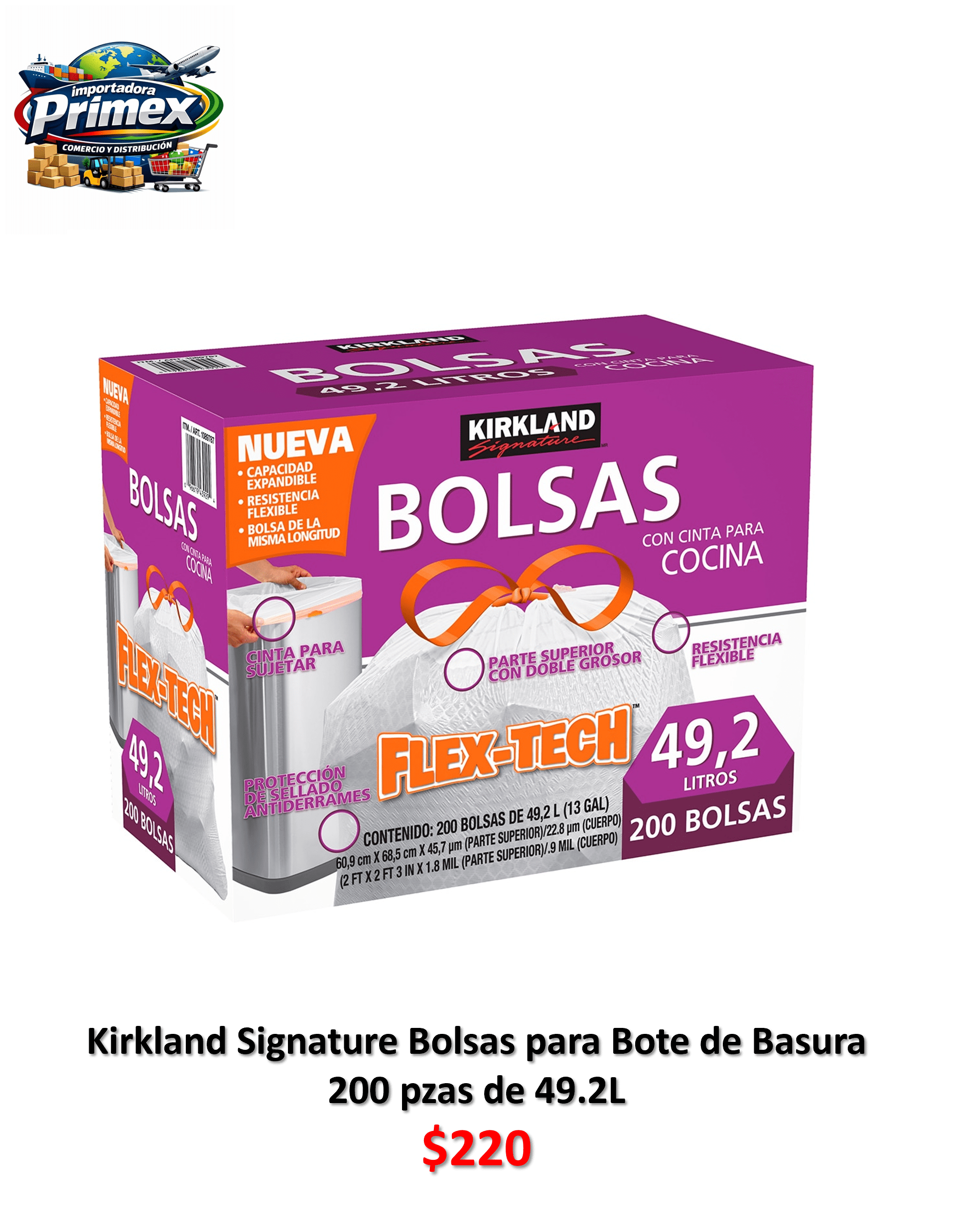 Kirkland Signature Bolsas para Bote de Basura 200 pzas de 49.2L